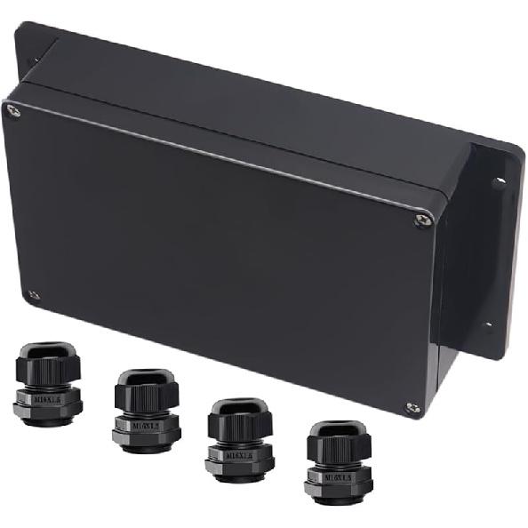 Project Box ABS Black Electrical Boxes IP65 Outdoor Waterproof Box Electronic Junction Box Fixed Ear Power Enclosure with Cable Glands for DIY