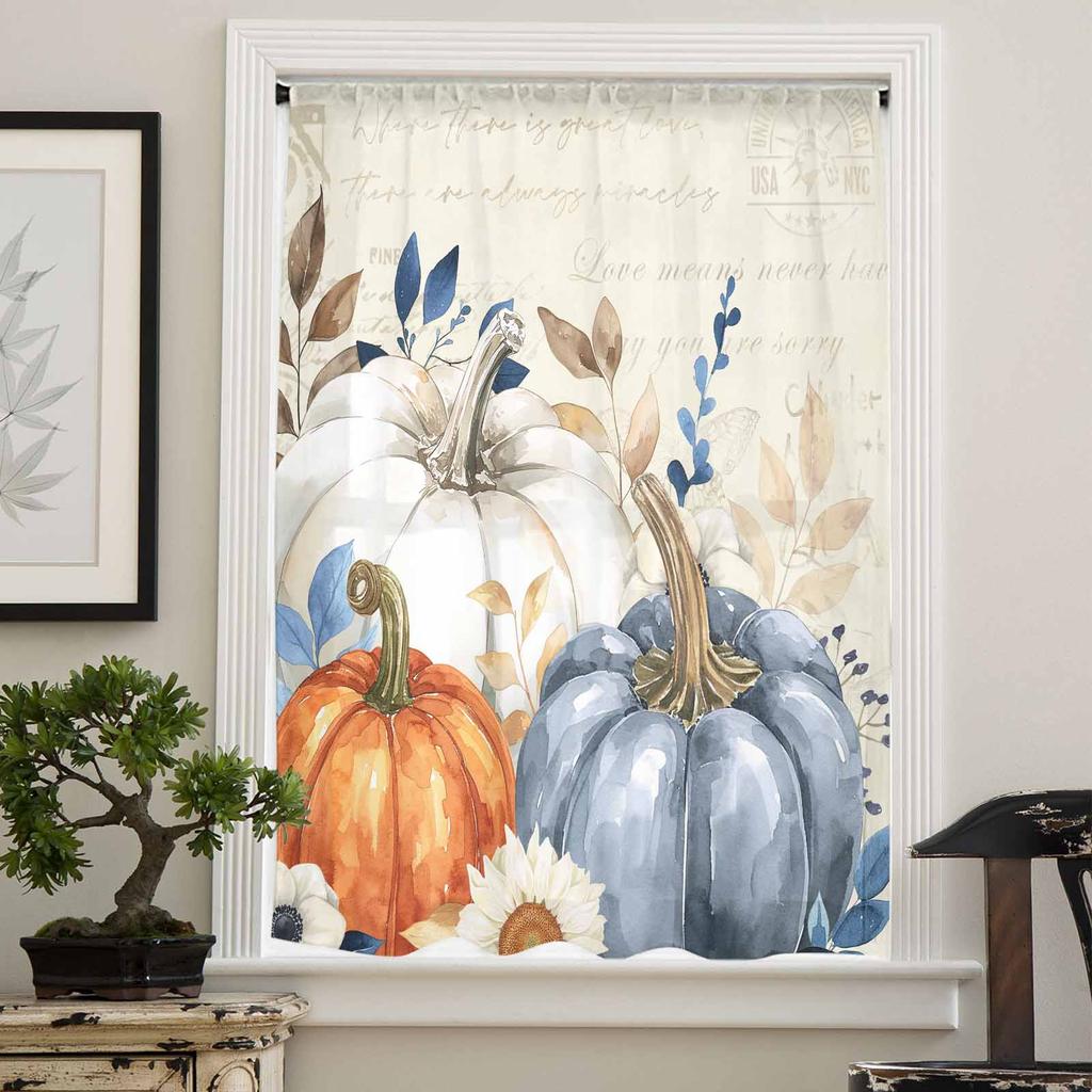Thanksgiving Autumn Leaf Pumpkin Sheer Curtains for Kids Bedroom Living Room Voile Window Curtains Tulle Drapes