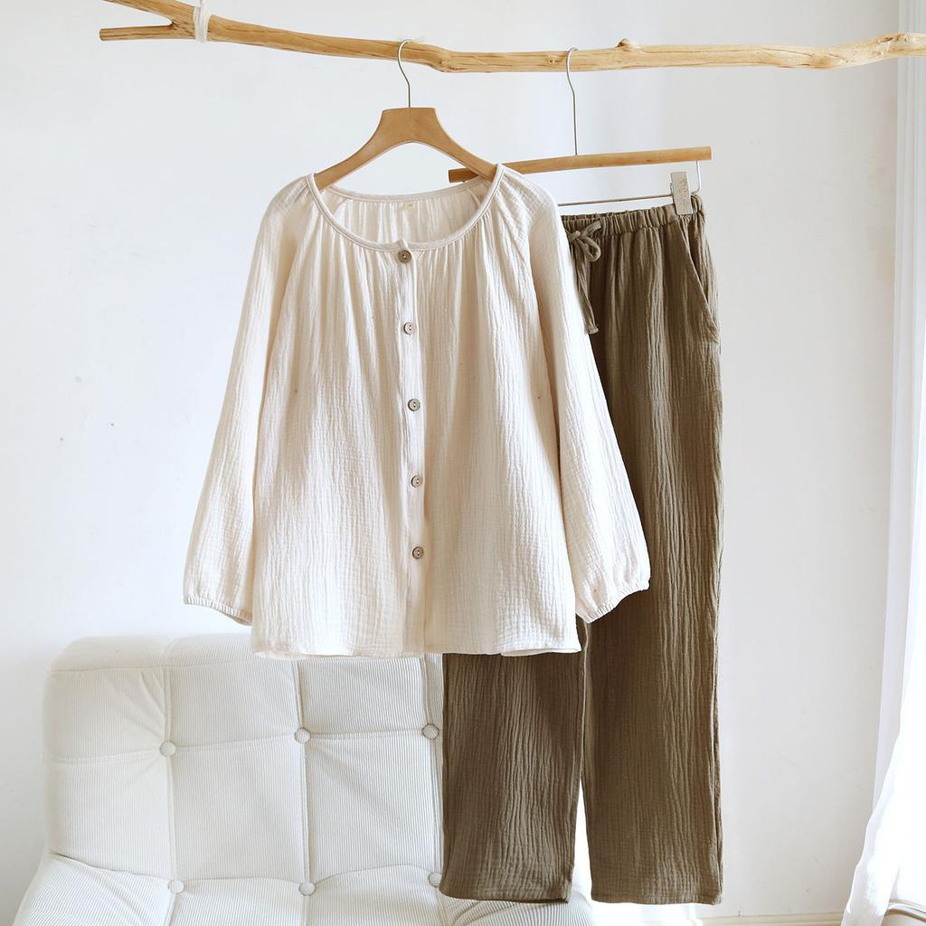 2026 Neues Frühjahrs- und Herbst-Pyjamaset 100% Baumwollkrepp Groß Langarm Lange Hose Dünn Locker Hauskleidung Zweiteiliges Set