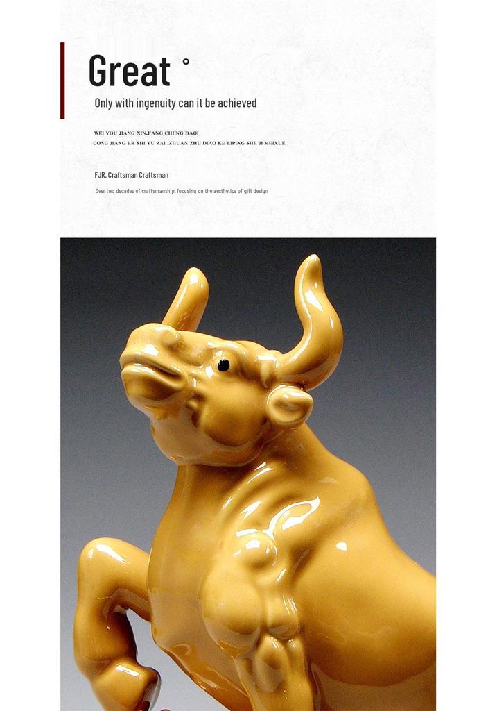 Earthy Yellow Ceramic Zodiac Ox Figurine: Soaring Spirit Auspicious Mascot for Home Relaxation