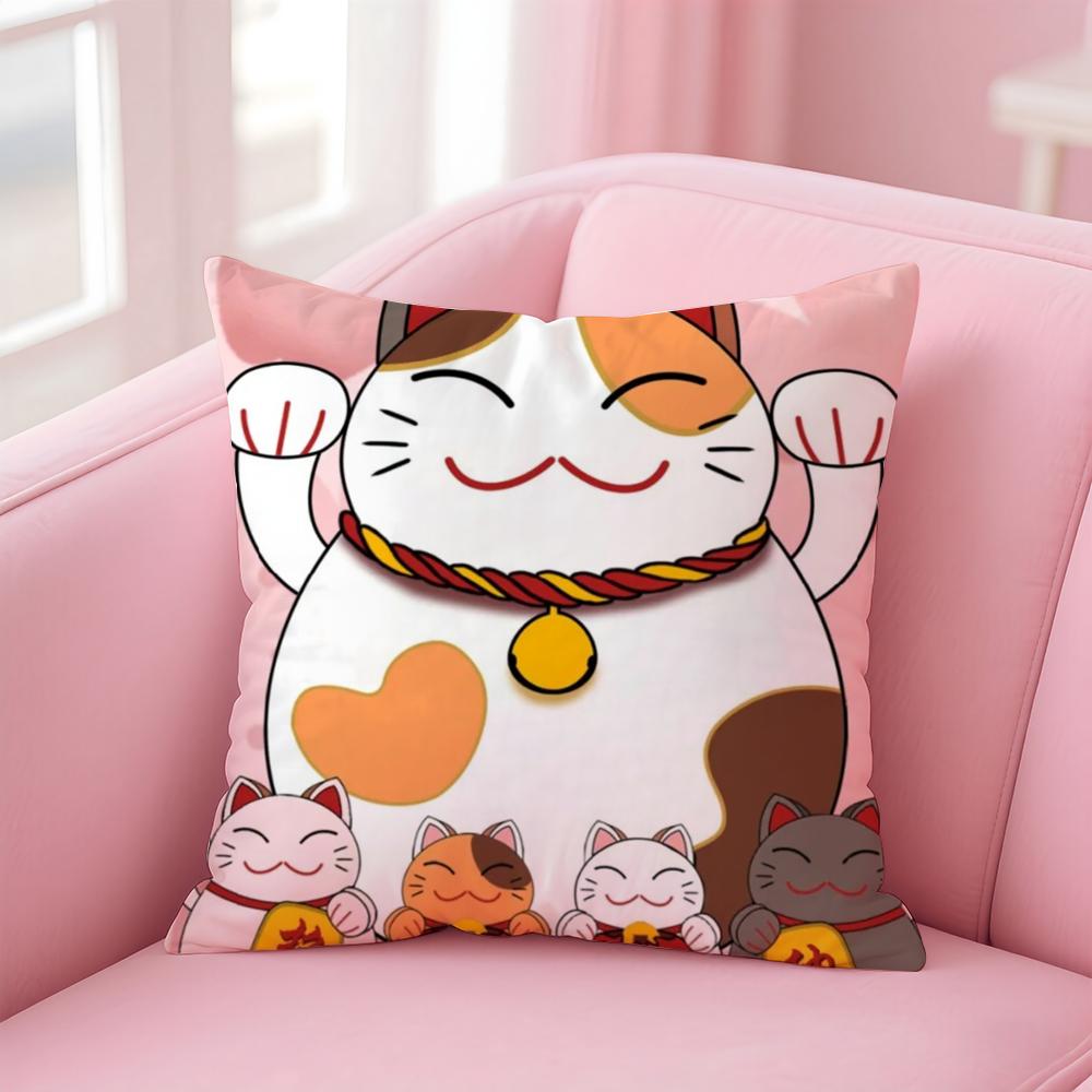 Rich Luck Maneki  neko Cushion Cover Linen Pillowcase Cover Soft Decor for Sofa Home Room