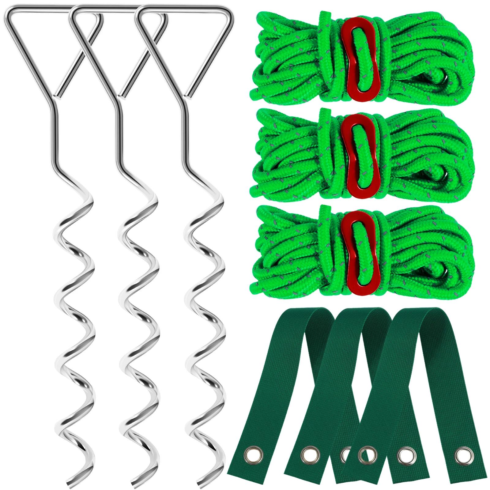 

Комплект из 9 колышков для деревьев, набор из 3 нейлоновых ремней, 3 веревок и 3 спиральных колышков, прочные садовые колышки зелёный
