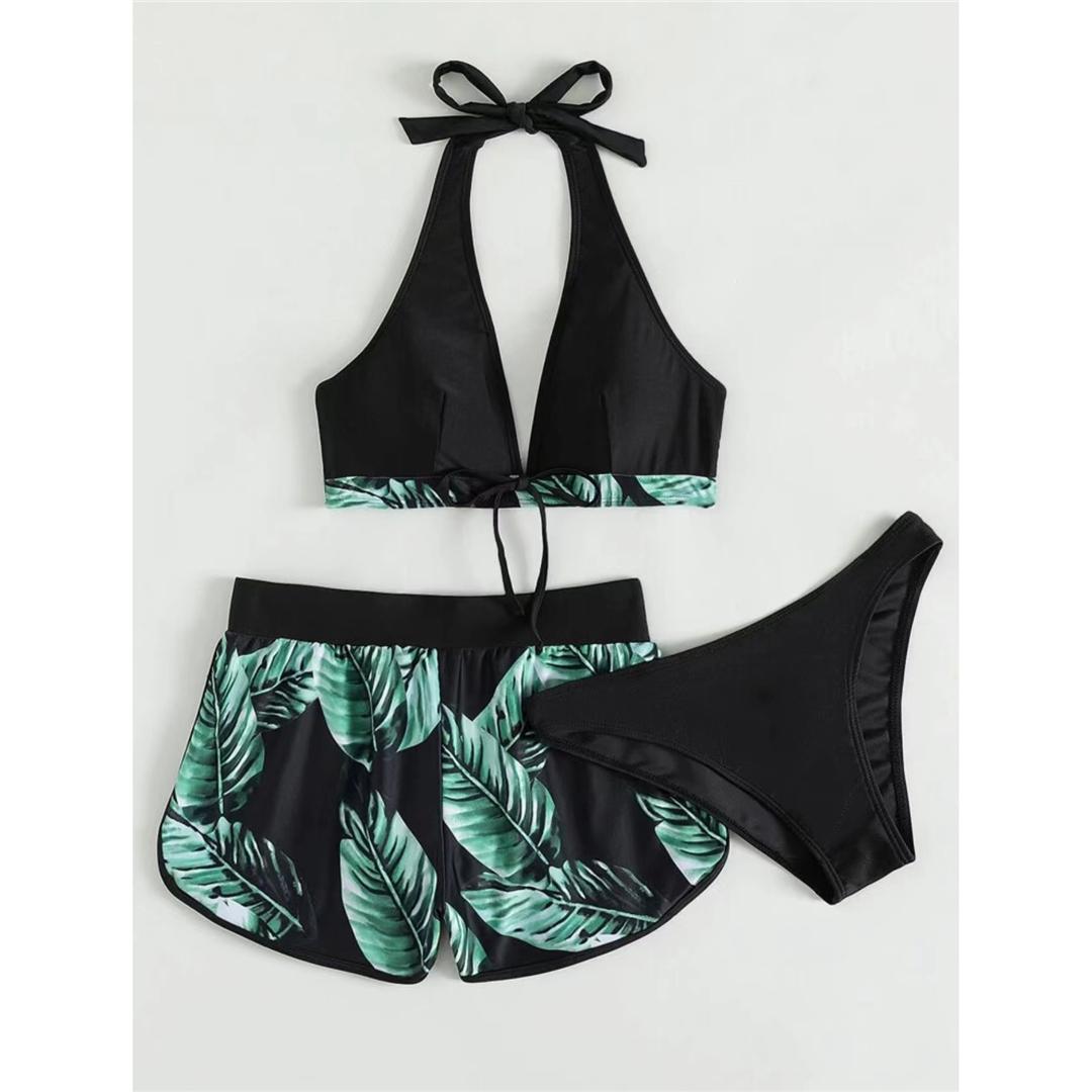 

S - XL с пляжными шортами, бикини с принтом, женский купальник, женские купальники, комплект бикини из трех частей, купальный костюм для плавания M зелёный