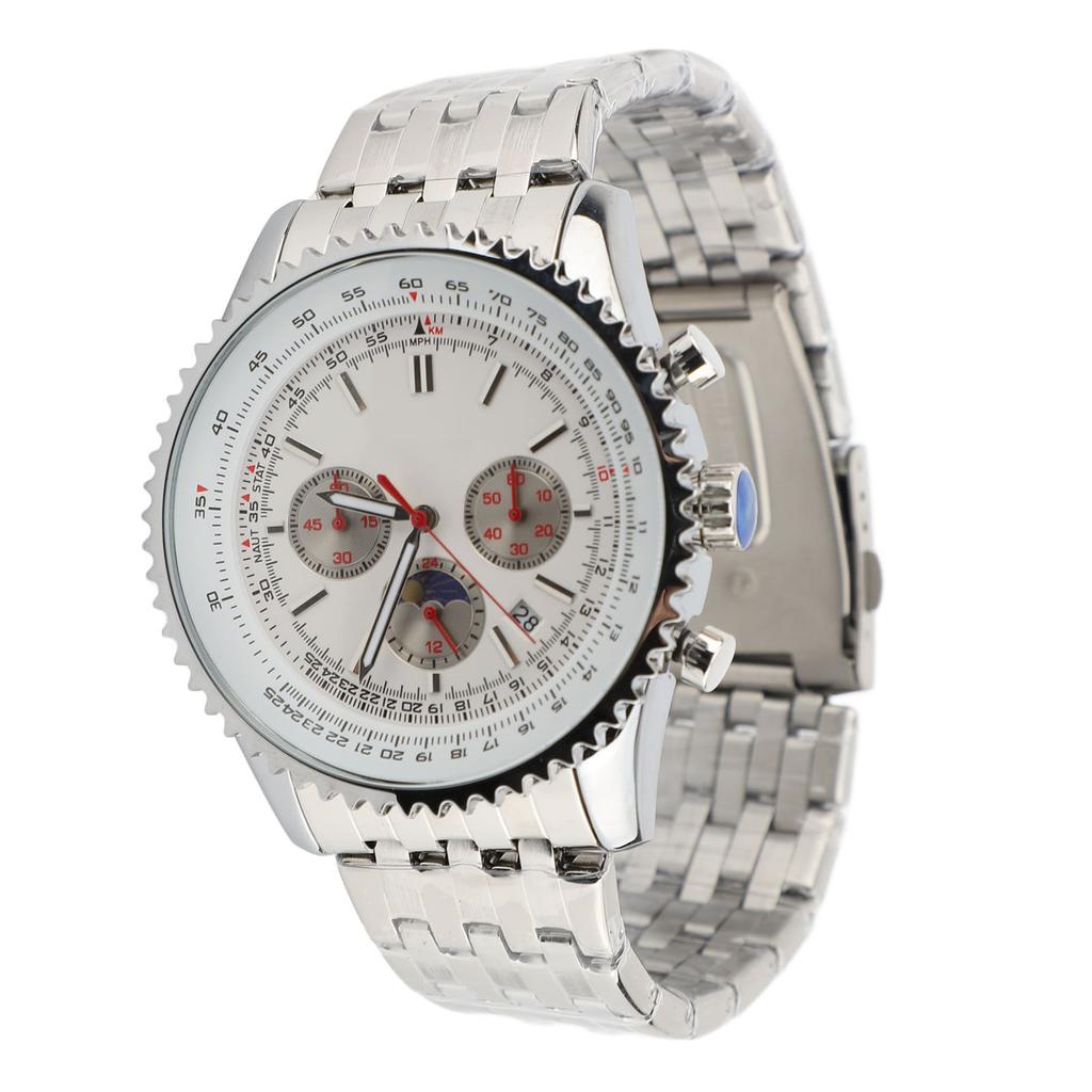 Men Quartz Watch with Calendar and Moon Phase Zinc Alloy Case Stainless Steel Strap Men Wristwatch