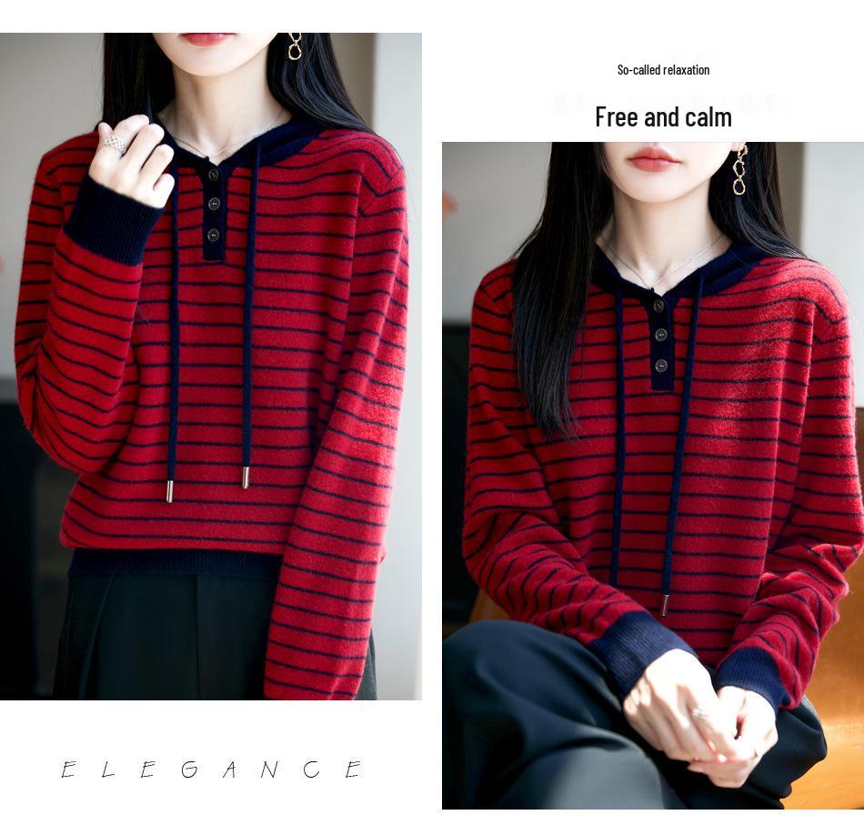 Women's Casual Wool Striped Hoodie - Three-Button, Color-Block, Loose Fit for Spring/Autumn