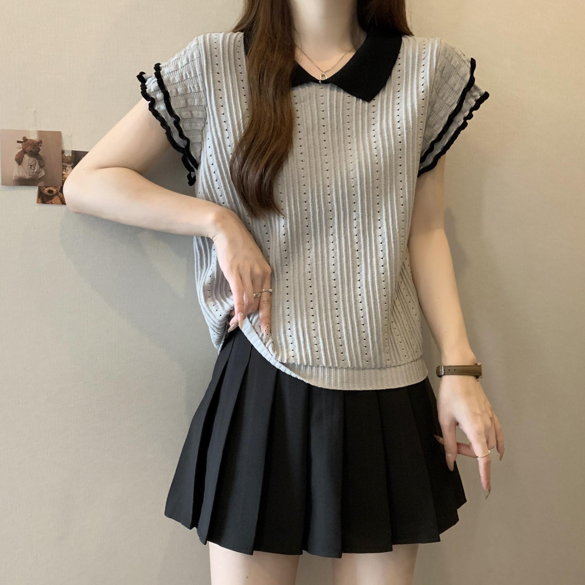 Plus Size Sweet French Doll Collar Color Block Short Sleeve T-Shirt for Women 3XL [75-87.5 kg] серый