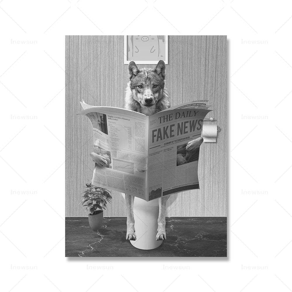 Poster im rustikalen Bad-Stil, Vintage, Fuchs in der Badewanne, Toilette, Tier-Badezimmer-Wandkunst, Bilder, schwarz-weiß, lustiges Leinwandbild, Dekor