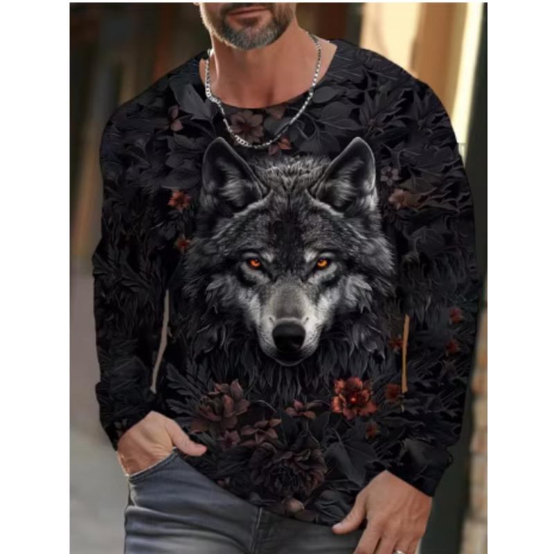 Round Neck 3D Animal Wolf Pattern Printed Top Fashionable Casual Long Sleeved Men's T-shirts