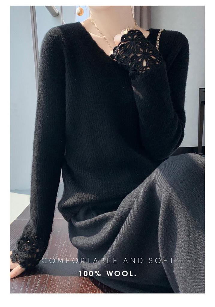 Women's Black V-Neck Pure Wool Base Layer Top - Hollow Out Long Sleeve, Spring/Summer Knitwear, Stylish High-End Feel Sweater.