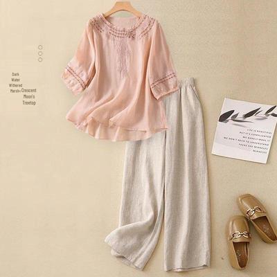 2025 Summer Women's Cotton-Linen Embroidered Short-Sleeve Top & Wide-Leg Pants Set