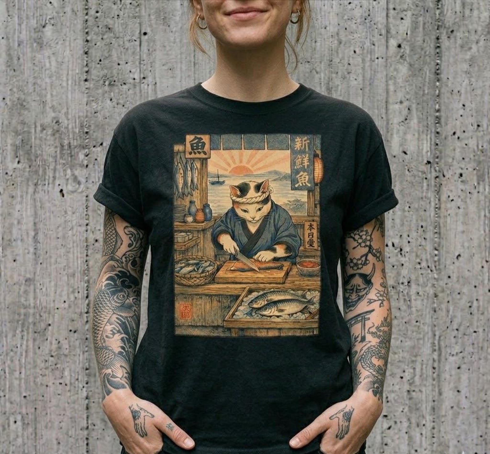 Japanese Fishmonger Cat Vintage Woodblock Art T-Shirt, Comfort Colors S