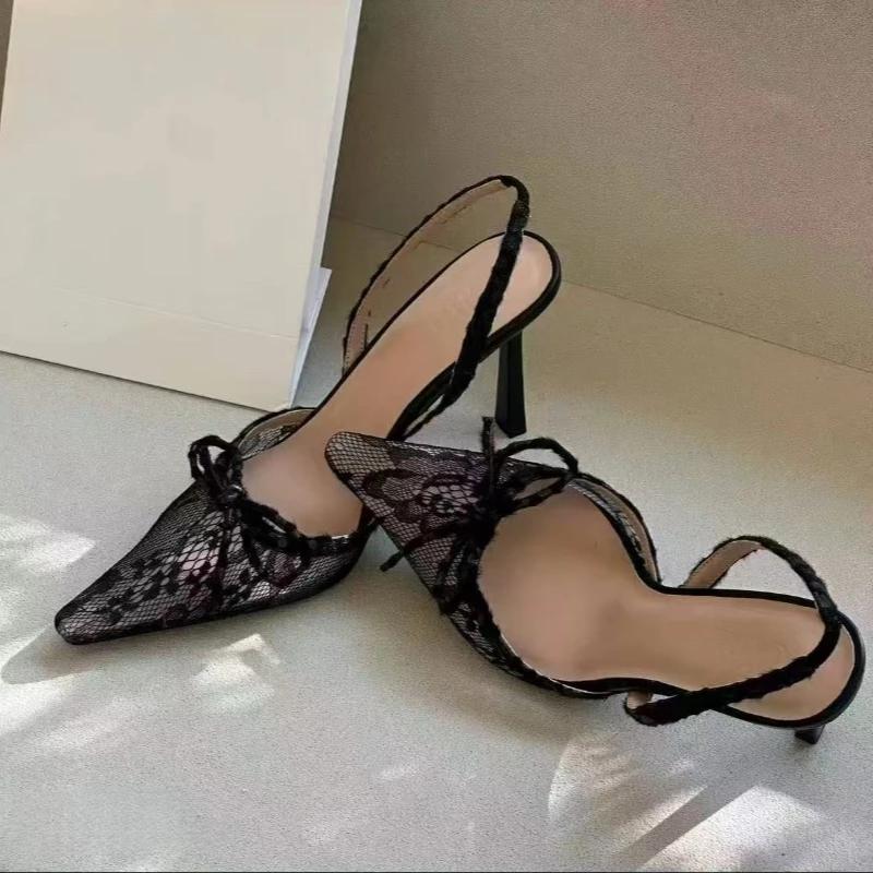 Women's High Heel Sandals Leopard Print Lace Pointed Toe Bow Heels Women Dress Summer Sexy Designer Style Zapatillas De Mujer