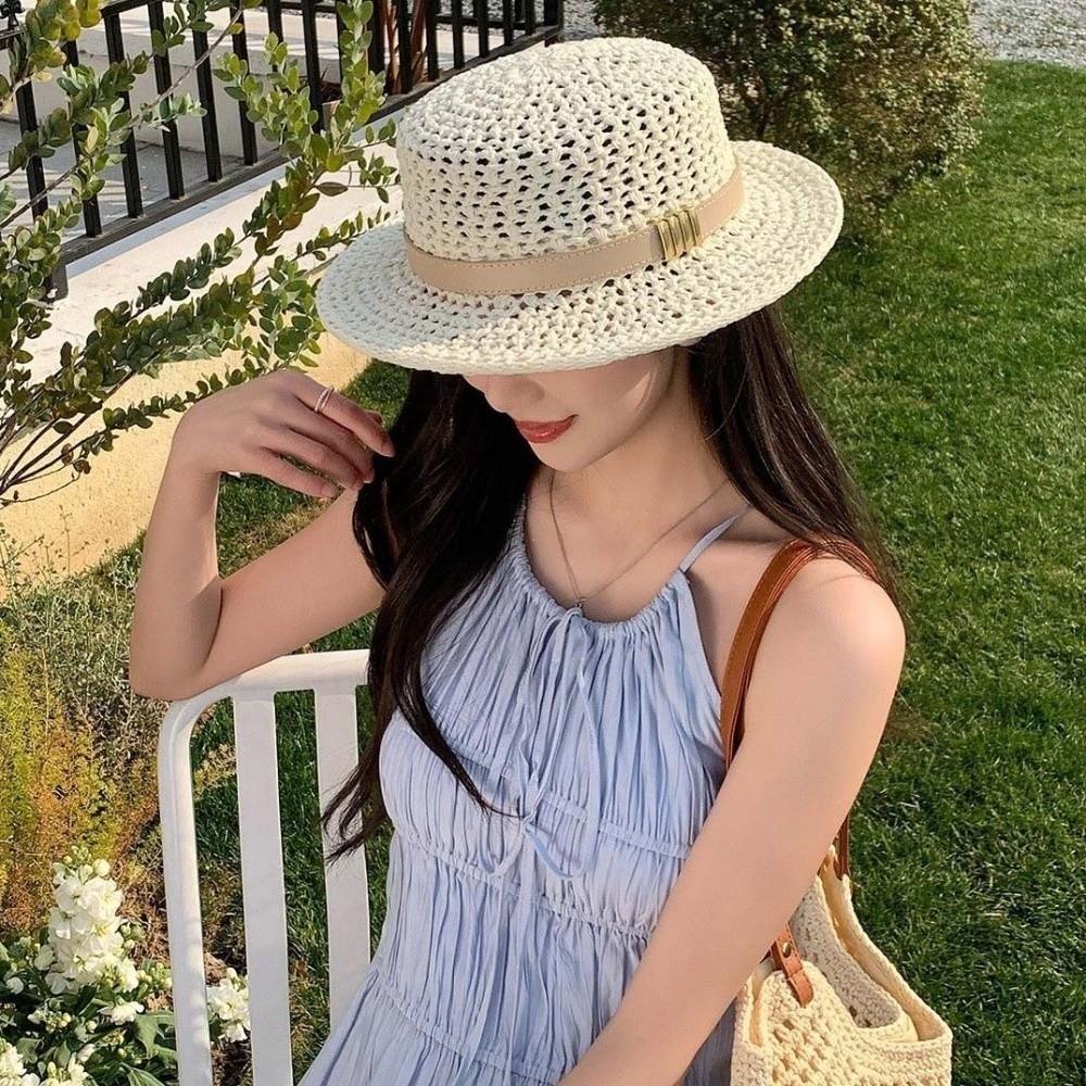 Sun Protection Straw Boater Hat Lightweight Flat Top Beach Hat Handwoven Sun Cap  Beach Vacation