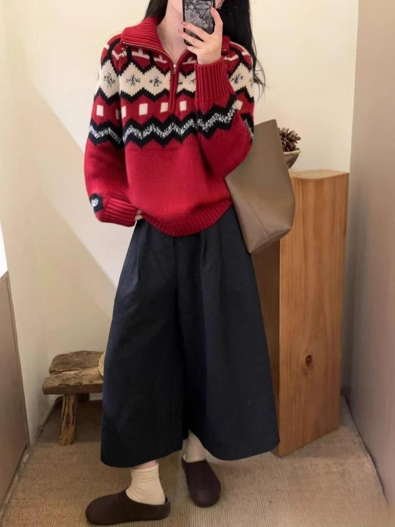 Retro Fair Isle Wool Cashmere Half-Zip Sweater - High Neck, Thickened Knit, Red Women's Christmas Top