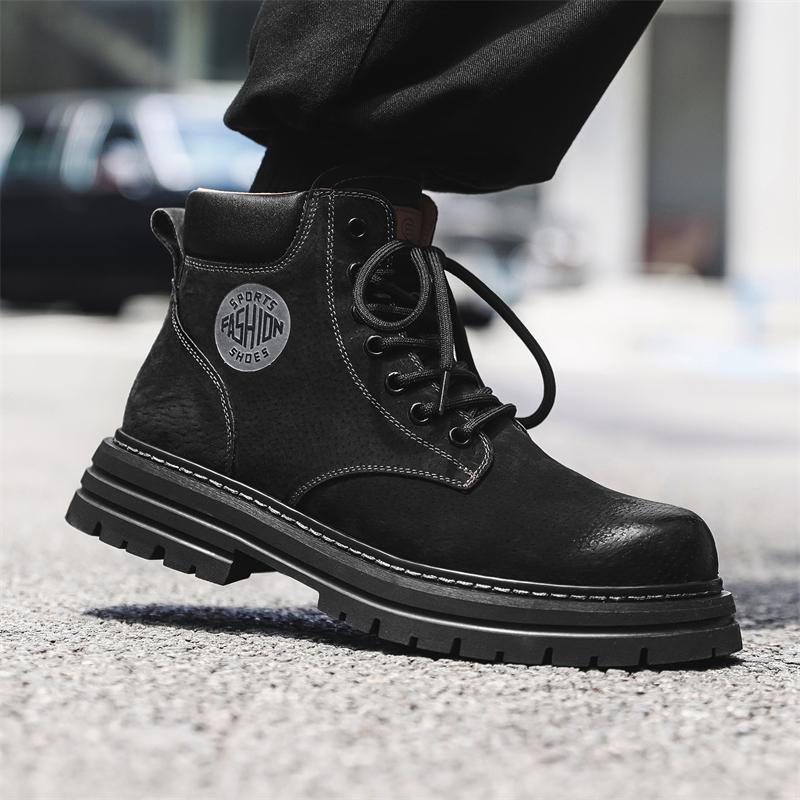 FashionMen Motorcycle Leather Boots Lace Up British Style High Top Shoes Walking Casual Platform Plush Warm Winter Boots Bota Masculina