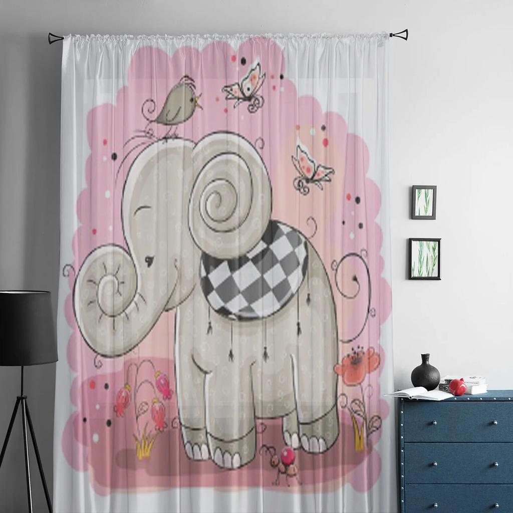 Niedlicher Cartoon-Elefant und ein Vogel, durchsichtige Vorhänge für Wohnzimmer, Kinder, Schlafzimmer, Tüllvorhänge, Küche, Fenster, Behandlungsvorhänge