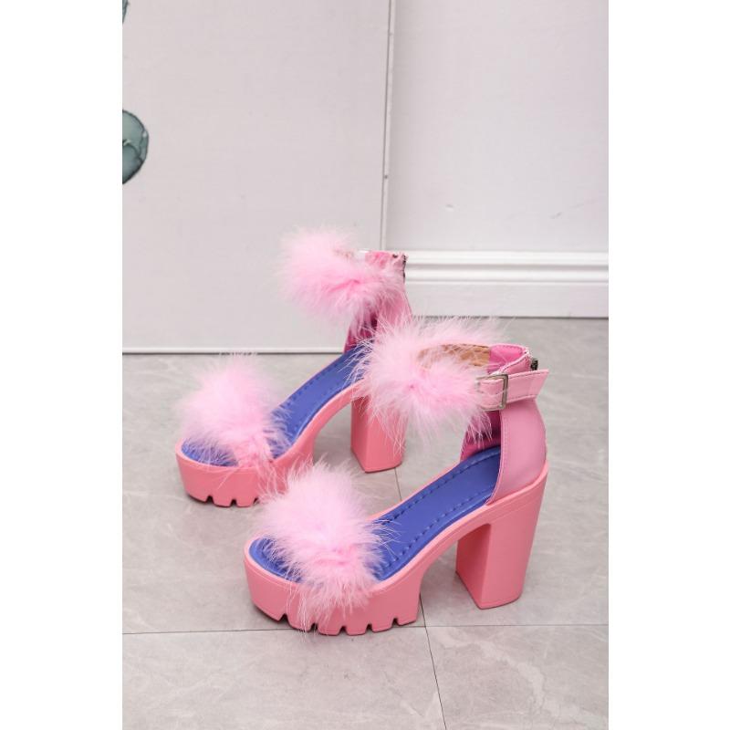 Summer New Thick Heel High Heel Sandals Women's Large Size Women's Fluffy Platform Fashion Women's Sandals