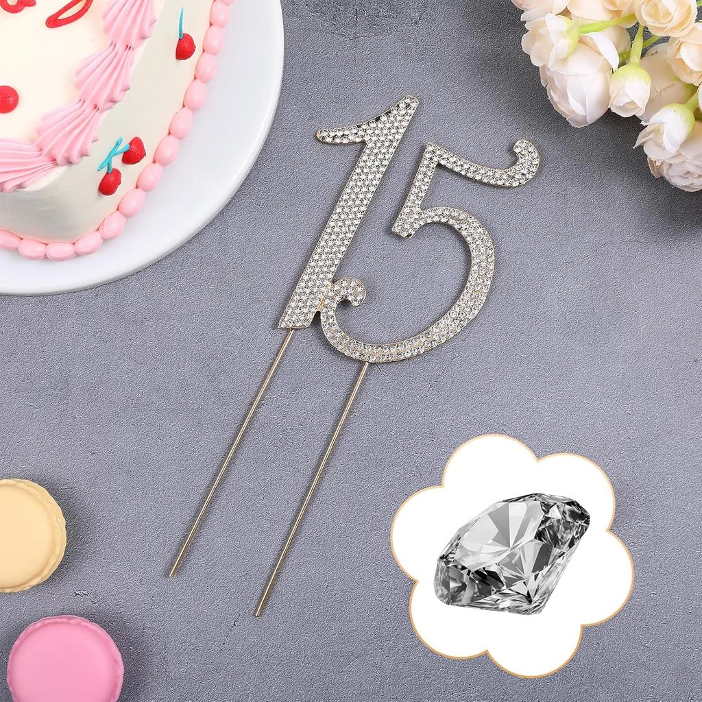 1 PCS Gold 15 Cake Topper Number 15 Cake Decoration Gold Rhinestone Cakes Toppers Decoration Crystal Happy 15th Birthday Cakes Sparkly Bling Alloy