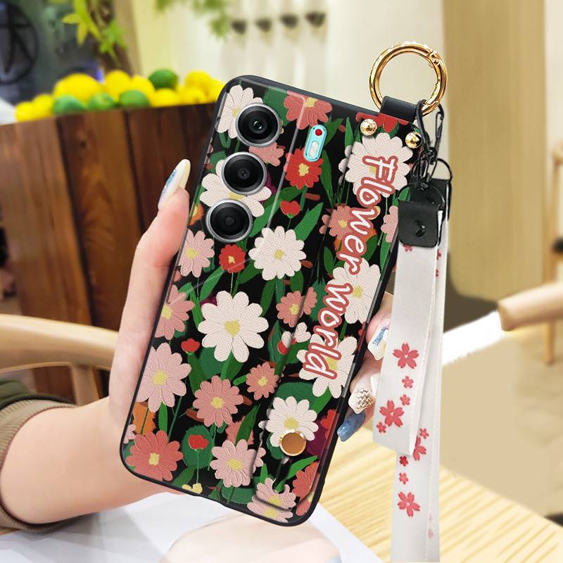 Durable Lanyard Phone Case For Tecno Camon40 Pro 4G/5G/CM6/CM7 Waterproof Back Cover Oil Painting Ring Silicone Flower