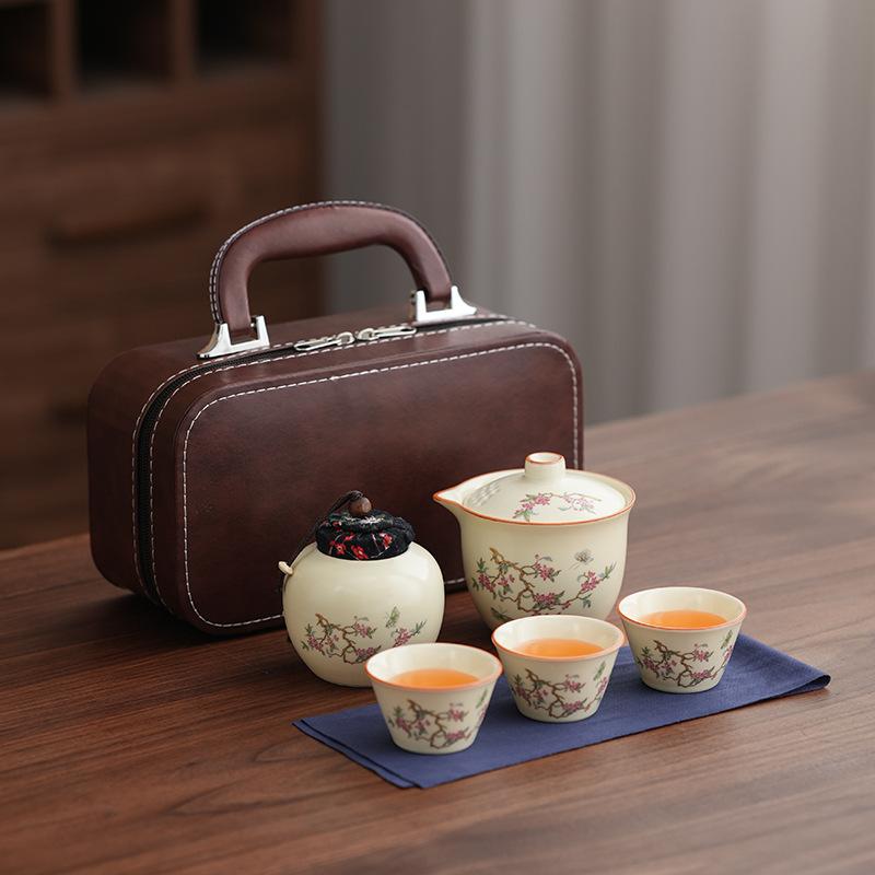 Ru Kiln Travel Tea Set Outdoor Portable Ceramic Fast Cup with Teapot Teapot Tea Can Leather Bag Business Gift