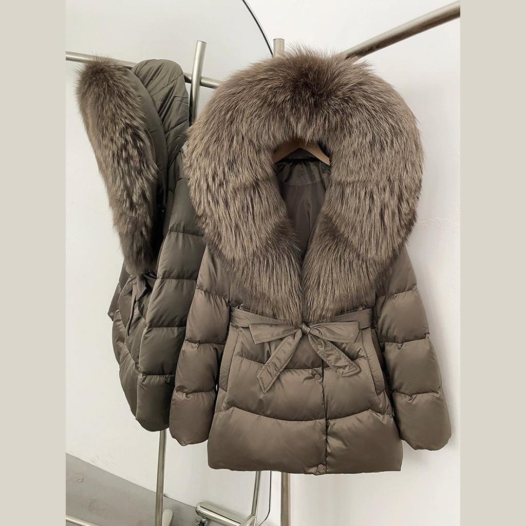 Winter Fox Big Fur Collar High-end Thickened Down Jacket Women's Mid-length Waist Imitation Leather Jacket