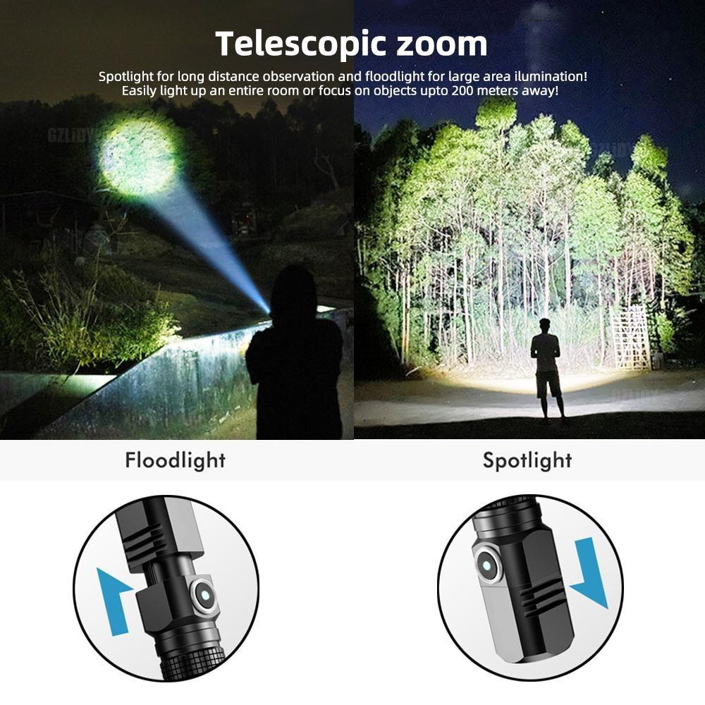 XHP50 Super Bright LED Flashlight USB Mini Torch Rechargeable Zoom Fishing Lantern Powerful 3 Lighting Mode for Hiking Camping
