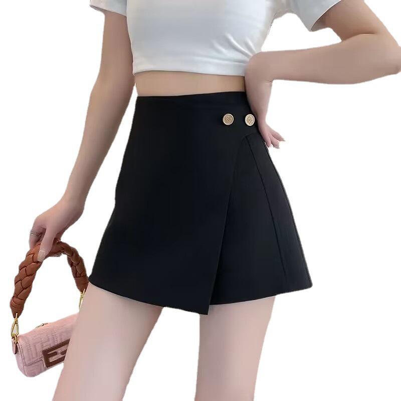 Korean High-Waist Button Drawstring Skirt, Summer 2025 Bodycon Mini with Anti-Exposure Feature, Irregular A-line Midi Design.