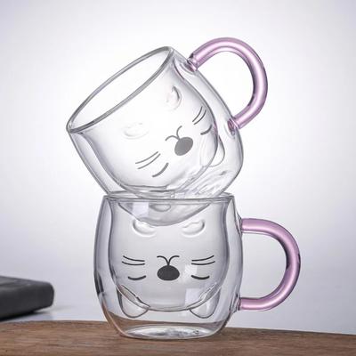 1/2 pièces Mugs Chat Mignons avec Anse Verre Double Paroi Isolée Verre Tasse Espresso Tasse à Café Lait Cadeau