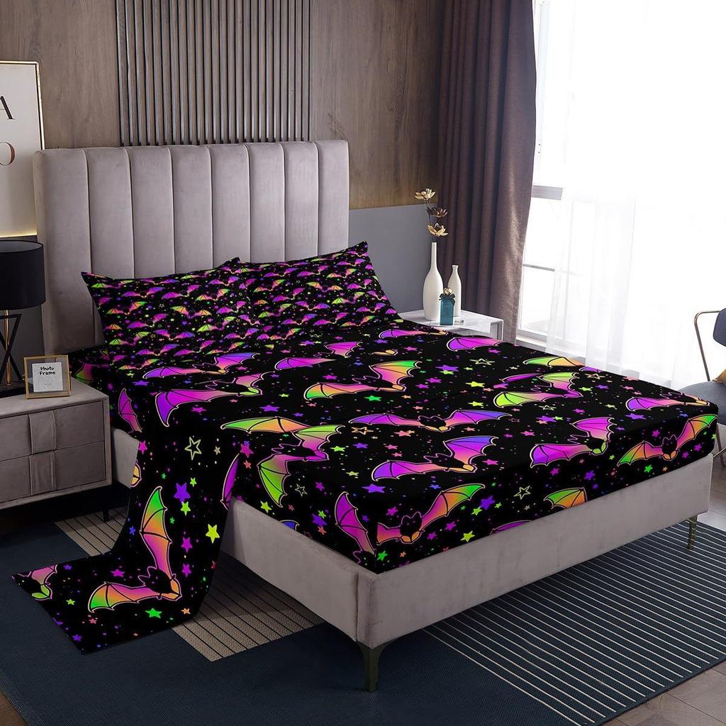 Halloween Bat Pattern Bed Hat Four-Piece Bedding Set Bedroom Dormitory Bedding Decoration