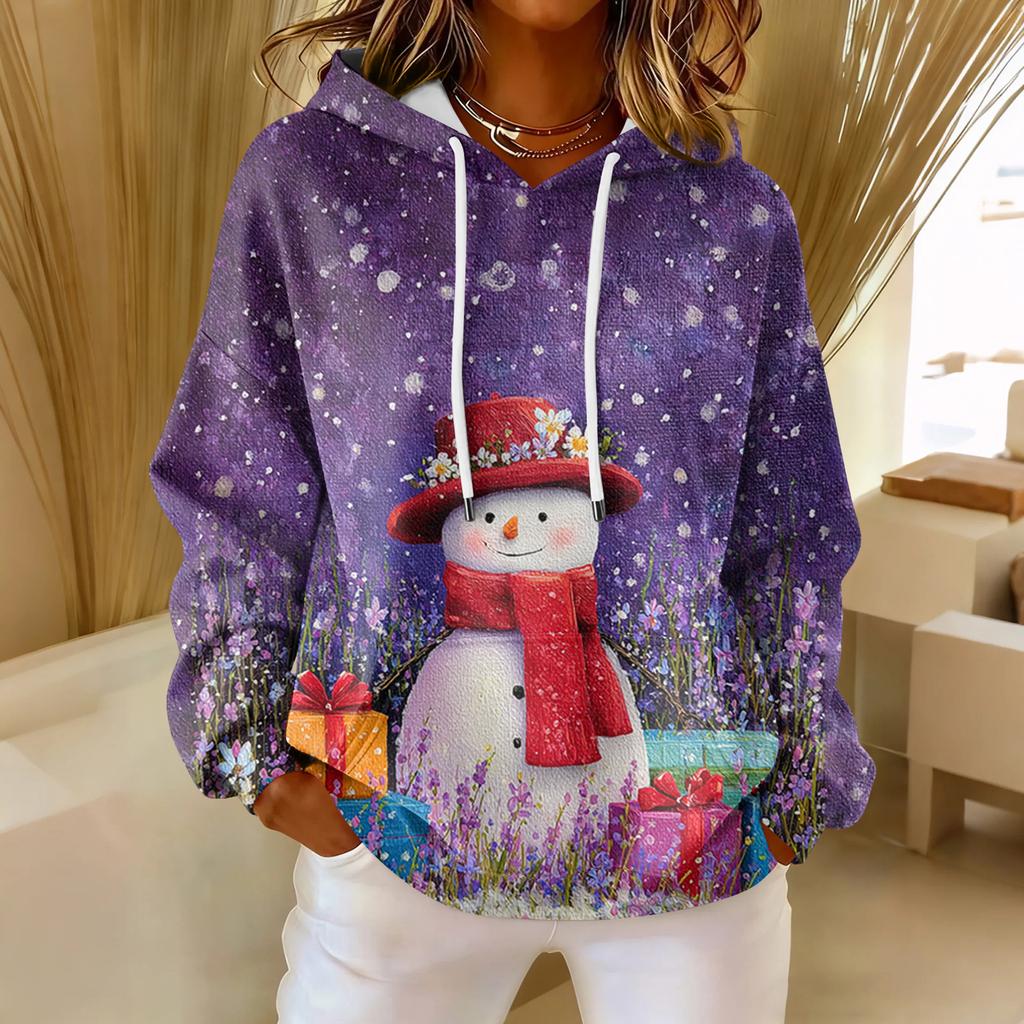 Dámská volná pohodlná ležérní módní mikina s dlouhým rukávem a vánočním potiskem ve výstřihu do V