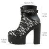 Gdgydh Women Ankle Boots Buckle Strap Block High Heels Platform Boots Lace Up Party Booty Side Zipper Lace Flower White Black