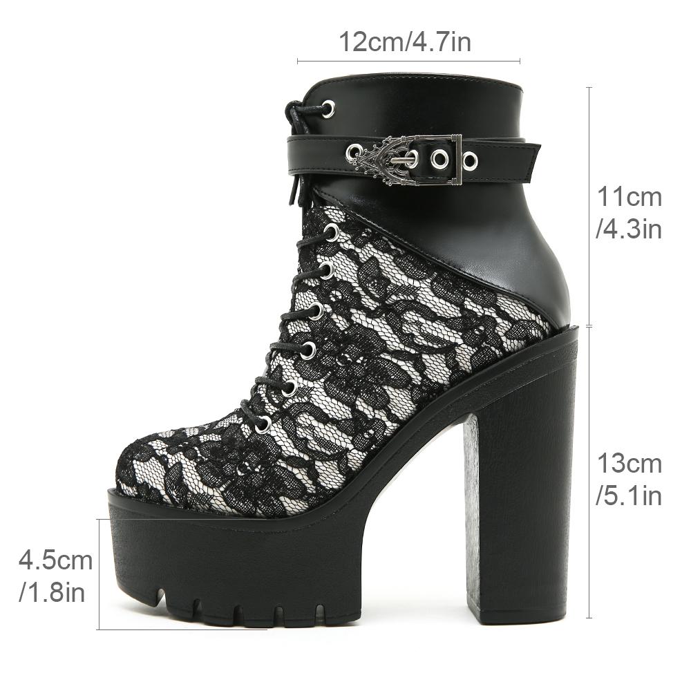 Gdgydh Women Ankle Boots Buckle Strap Block High Heels Platform Boots Lace Up Party Booty Side Zipper Lace Flower White Black