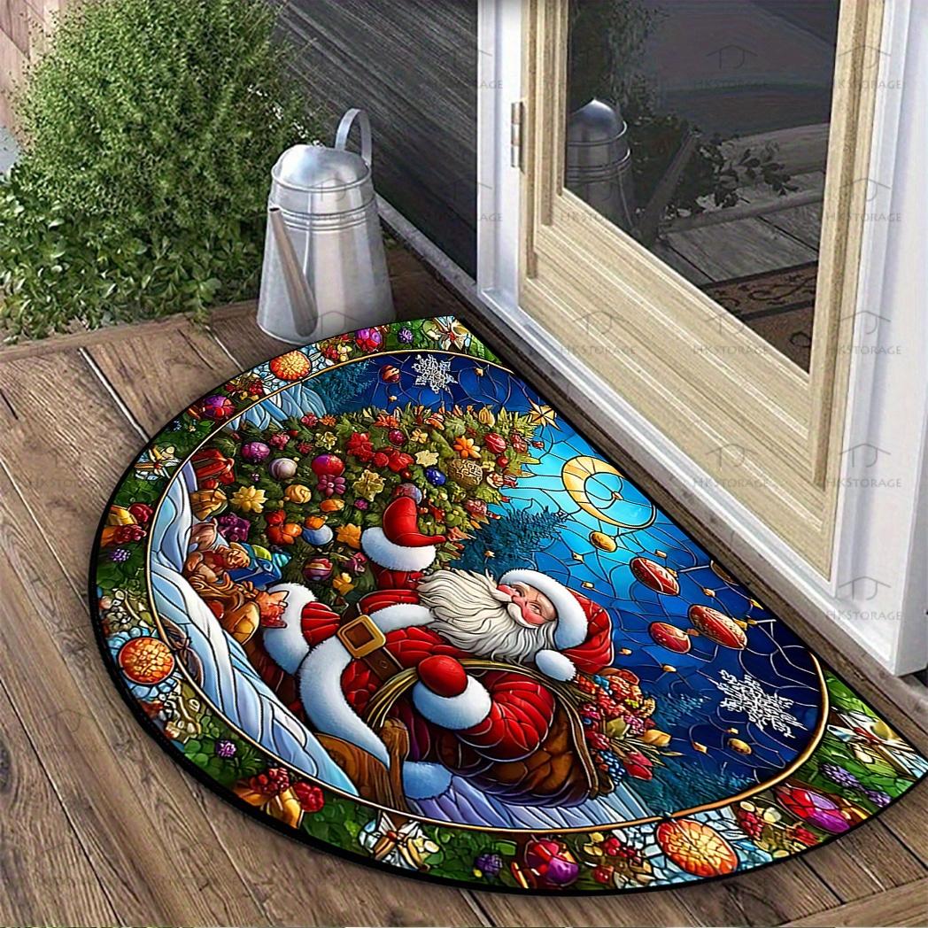 

1 шт. Рождественский придверный коврик полукруглый с дизайном Санты и елки, Нескользящий полиэстеровый коврик, Машинная стирка для домашнего входа, Гостиной, Внутреннего декора 20*32inch(50*80cm)