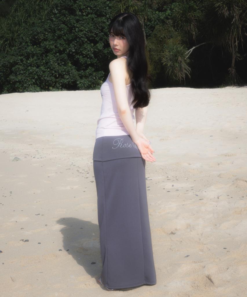 Rose Franz Folding Waist Maxi Long Skirt [Gray]