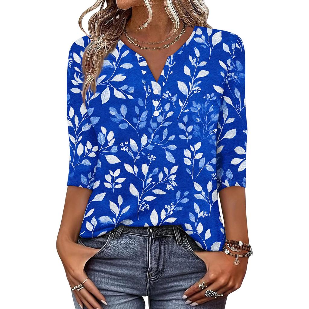 Women's Fashionable Casual Retro Floral Print V-Neck Button-Down Three-Quarter Sleeve T-Shirt Top