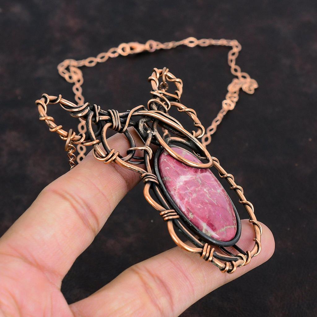 Thulite Necklace Copper Wire Wrapped Necklace Adjustable Chain Necklace Copper Jewelry Gemstone Necklace Handmade Jewelry Anniversary Gifts