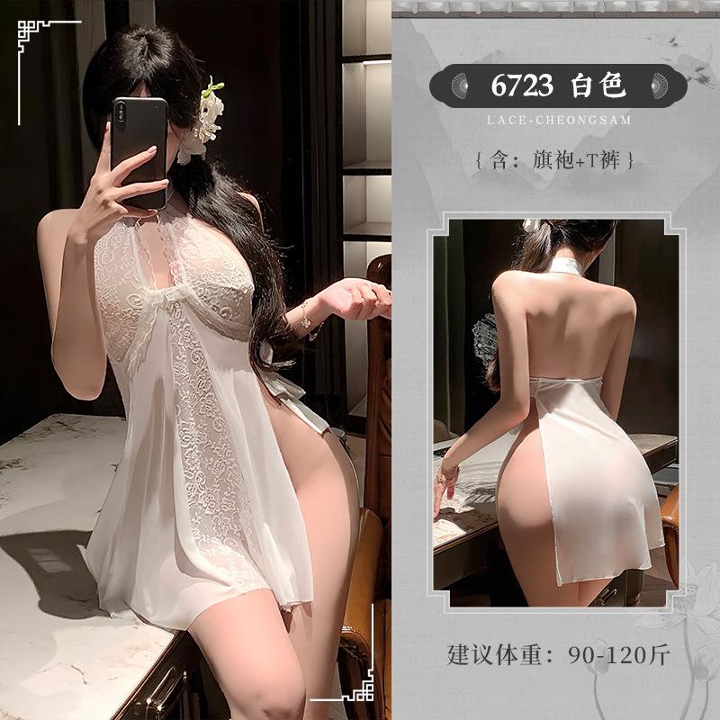 Sexy Lace New Chinese Style Cheongsam Nightdress Side See-through Slit Exposed Buttocks Dress Elegant Fashion Sexy Women P12Q