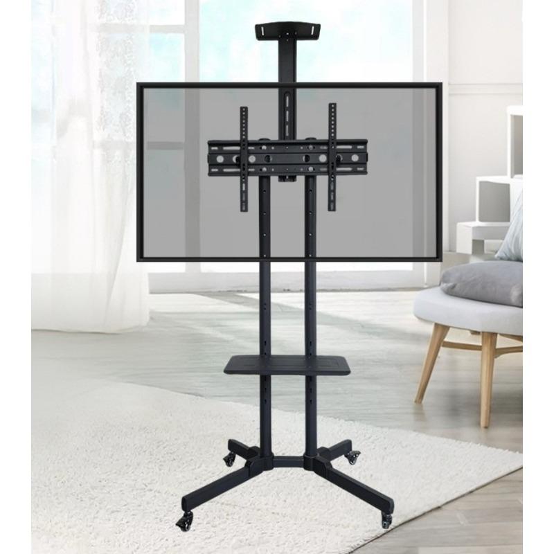 Cold Rolled Steel Mobile Television Cart Wheeled Height Adjustable Floor Stand 32 75 Inches Floor Standing TV Stand