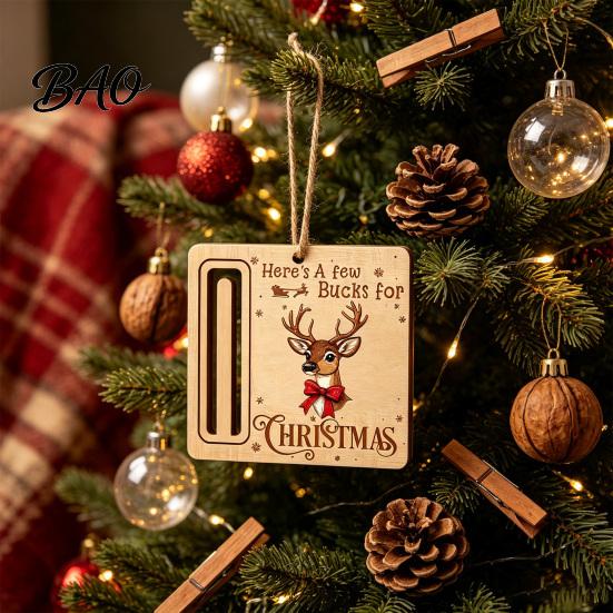 Elk Pattern Xmas Tree Pendants Rustic Santa Reindeer Money Holder Ornament, Wooden Cash Gift Card Holiday Holders Clip with Slot, Christmas
