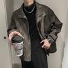 2023 Spring and Autumn Fashion Trendy Men's Senior Wrinkled Leather Stand Neck Casual Loose Versatile Raspy and Handsome Jacket