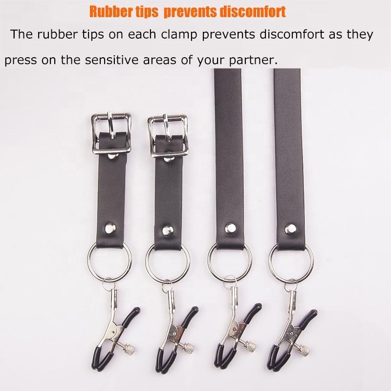 Breast Labia Clips Stimulation Metal Nipple Clamp Open Leg Leather Belt Open Thigh Labia Clitoris Clip Sm Sex Toys for Woman