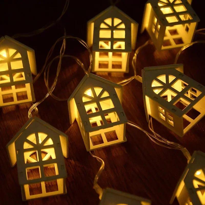 10LED 2M Christmas Wooden House LED Fairy Light String Home Hanging Garland Xmas Tree Ornaments Decoration Lamp 2025 New Year