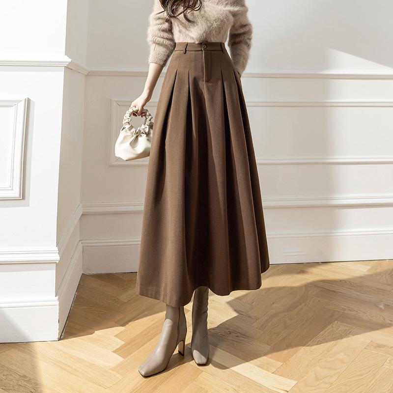 Elegant Women Faux Woolen Skirts For Office Ladies Pockets Casual Loose A-Line High Waist Midi Skirt Autumn Winter
