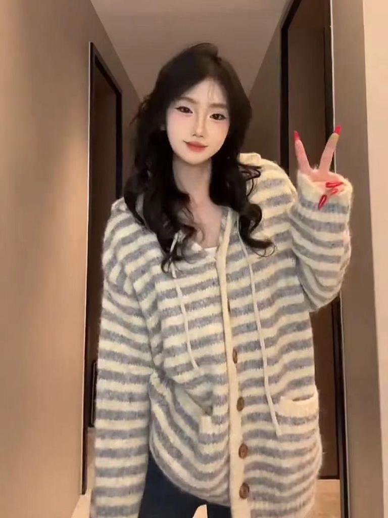 Retro Women's Hooded Color Block Knit Cardigan Sweater - Autumn/Winter Loose Fit