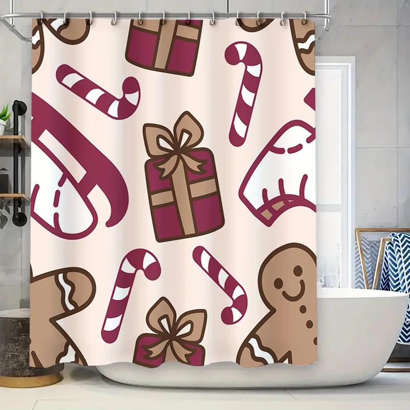 Christmas-themed shower curtain with candy cane design Pink and brown color scheme for bathroom decor accessories