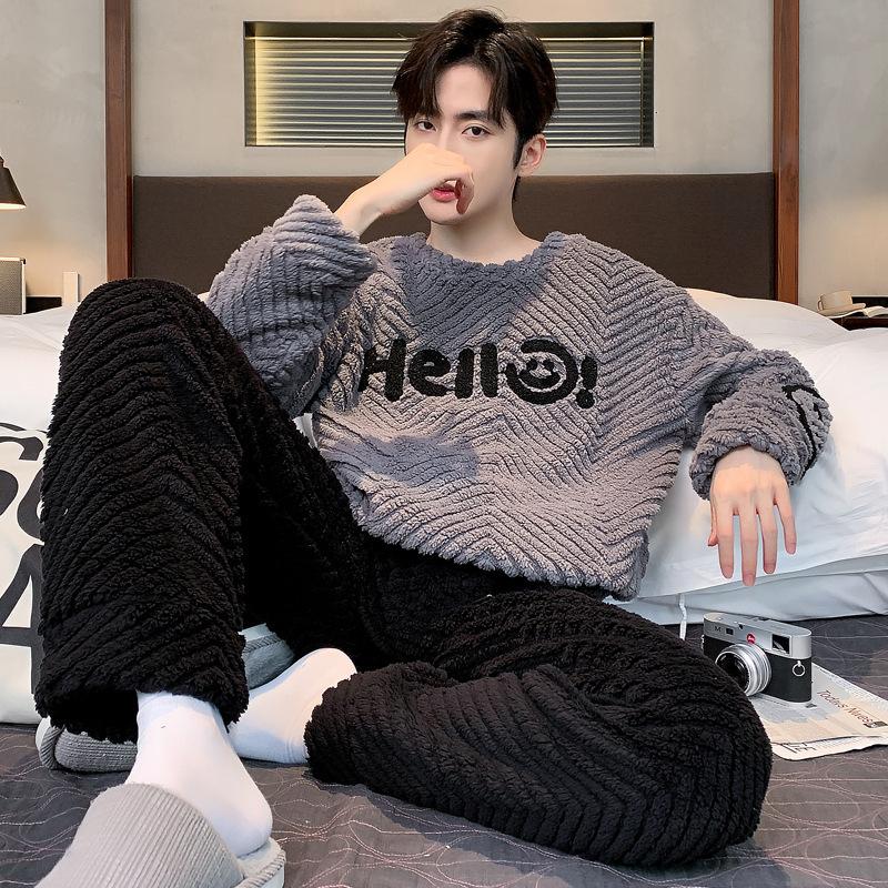 Men's pajamas coral fleece autumn and winter warm home leisure suits can be worn outside plush loungewear men's
