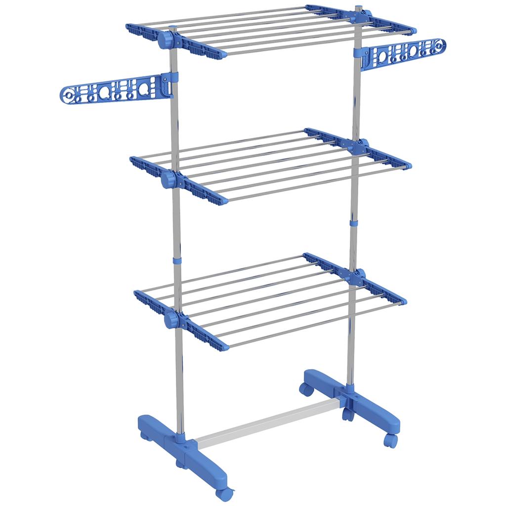 Three-Shelf Collapsing Clothes Horse, With Side Arms and Wheels - Blue