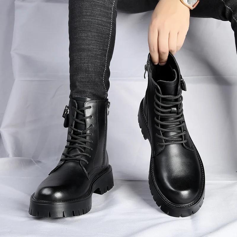 Fashion Men's English Style Thick Sole Design Men Boots Luxury High End Top Layer Leather Brand Famous Chelsea High Quality Casual Boots