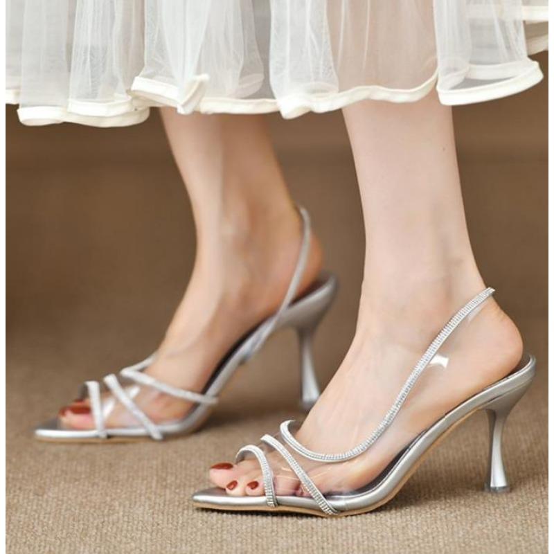 New Thin Heel High Heels Women's Summer New Fairy Style Sexy Shallow Mouth Back Hollow Pointed Water Diamond Open Toe Sandals