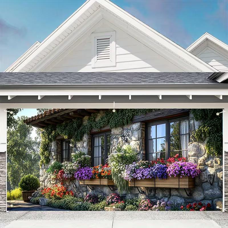 

2D Countryside Stone House Backdrop, Blooming Flowers & Ivy Background for Garage Decor 47.2x31.5inch/120*80cm